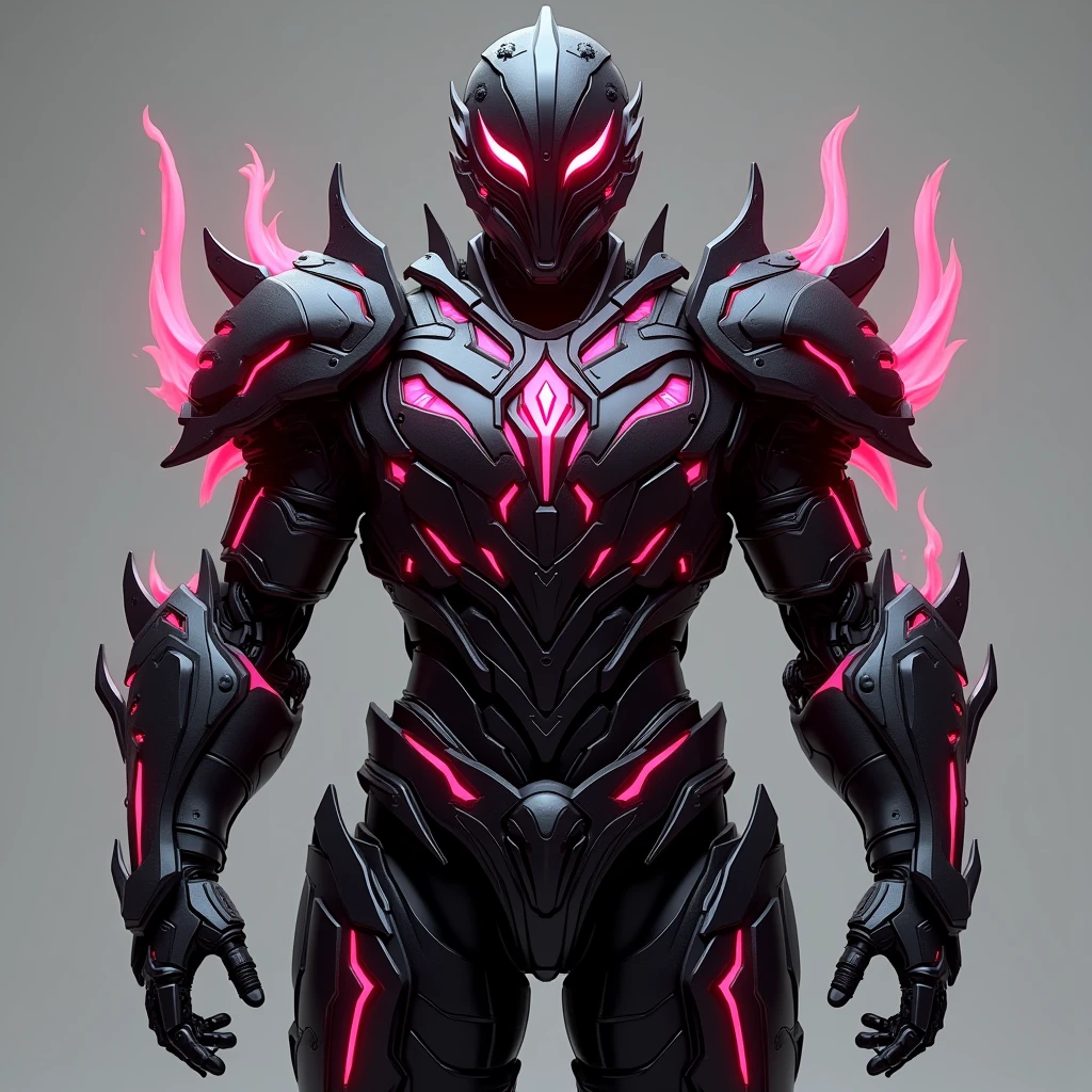 A heavily reinforced suit of battle armor designed to channel and enhance wielder's Hell Fire magic. The armor has built-in flame projectors and a heat shield, allowing him to unleash torrents of infernal fire while remaining protected from counterattacks. The armor glows with an ominous red light when fully activated, symbolizing his mastery over Hell Fire. Matte black with pink accents. 3D Rendering, Super Detailed, Textured Skin, High Resolution, High Quality,