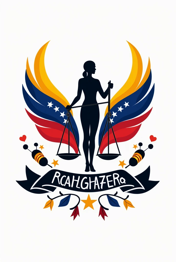 A logo of the Folklorist Lawyers of Venezuela with the flag of Venezuela on both sides, with the harp, four and maracas from Venezuela and the scale of lawyers and a person 