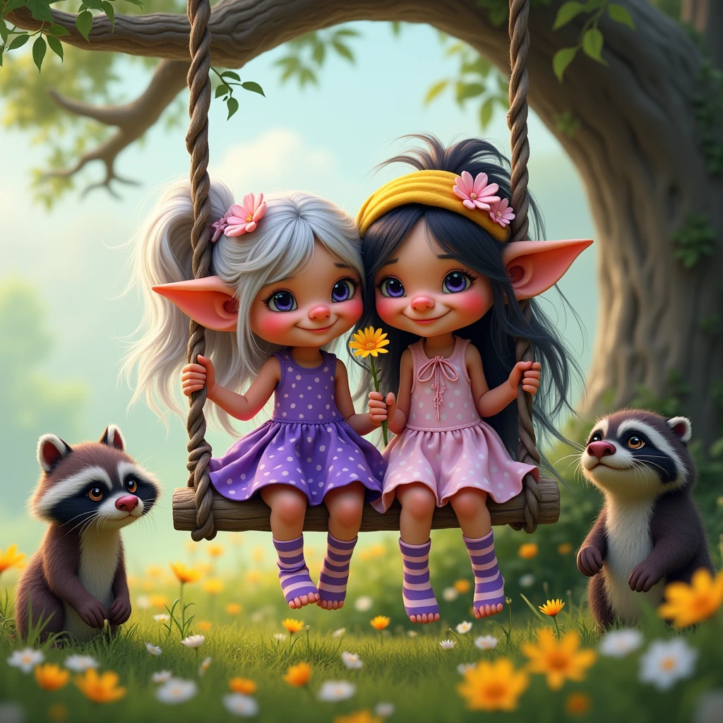Two silly little troll girls with long messy colorful hair, long eyelashes, small nose, yellow bandana with 2 pale pink flowers. Purple striped socks, dressed in a purple and white polka dot dress with multiple layers, she looks happy, sitting on a swing on the branch of an old tree and enjoying the good smell of a flower in her hand. A raccoon and an otter are standing next to her. Background a meadow with buttercups, hyper detailed, high resolution, detailed facial features