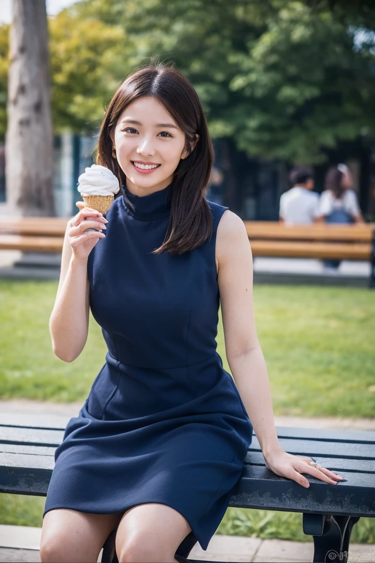 Highest quality, flying debris, Realistic, High resolution, 8k　RAW Photos,alone, One Girl, 30 years old、Eat soft serve ice cream、smile、(((White Edge、Navy Blue Dress)))、High heels、Hold the soft-serve ice cream with both hands、On a park bench