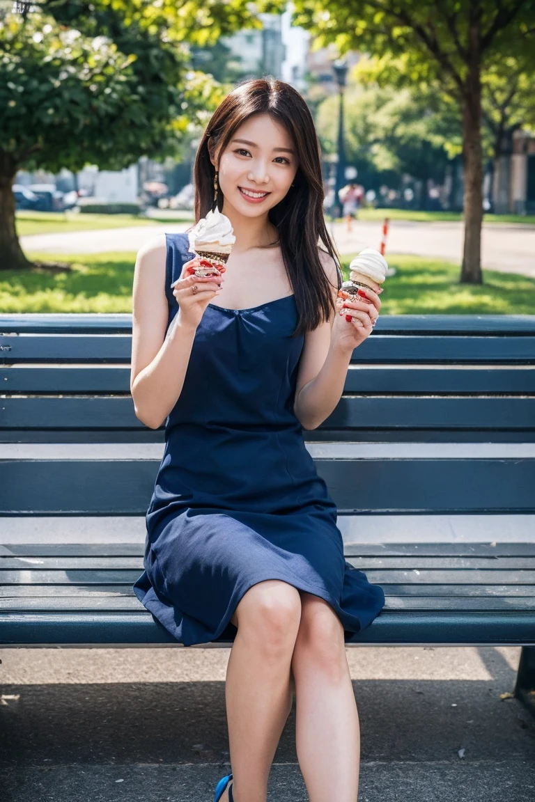 Highest quality, flying debris, Realistic, High resolution, 8k　RAW Photos,alone, One Girl, 30 years old、Eat soft serve ice cream、smile、(((White Edge、Navy Blue Dress)))、High heels、Hold the soft-serve ice cream with both hands、On a park bench