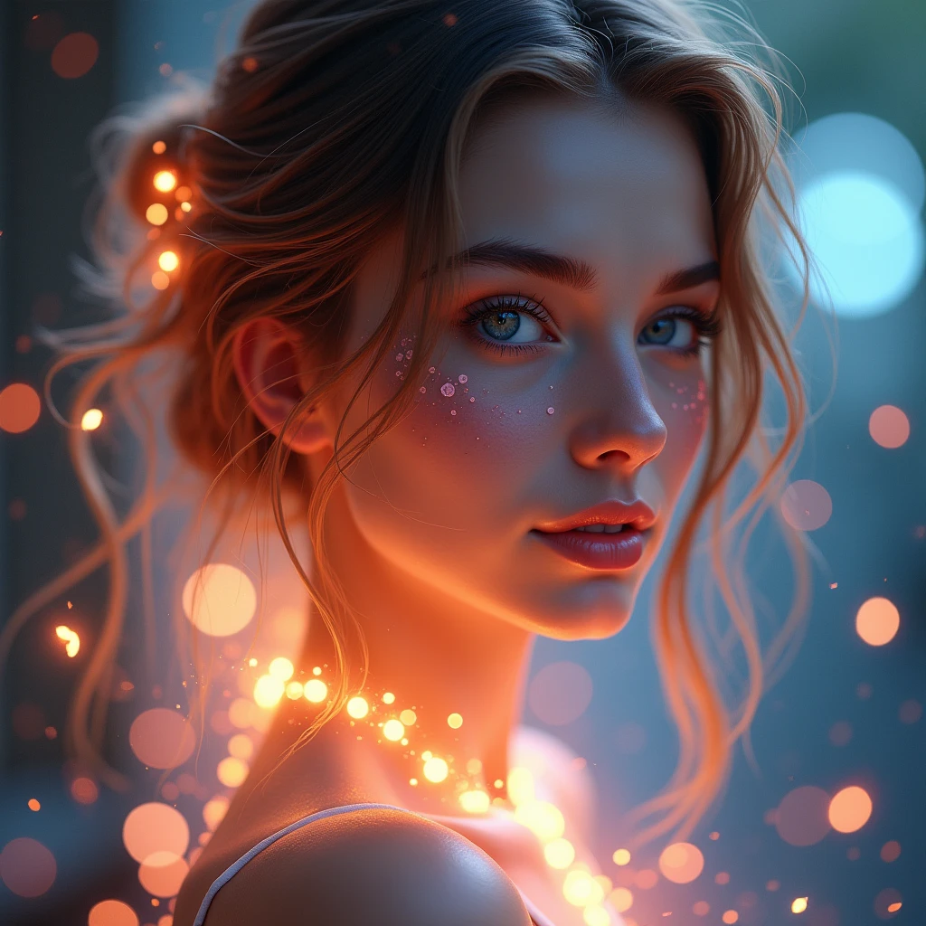 A realistic woman with a vibrant aura around her