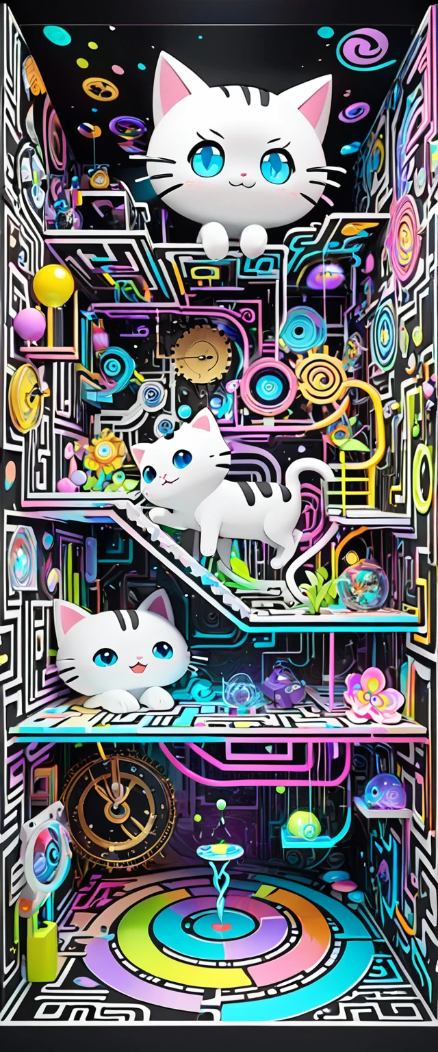 fusion of acrylic and collage paintings, 3D, clockwork, mysterious clockwork space, labyrinth space divided by neon line lights, dripping fluorescent paint, iridescent flowers blooming from the point of impact, maze, labyrinth shaped, (chibi girl and cat peeking out from the side, pixar style), black and white and pastel colors, transparent, mysterious and funny high and fine artwork