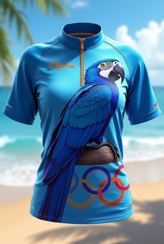 Create a half-sleeved school olympics blouse front and back (coasts) containing a blue macaw ,the olympic rings , school name (objective) and small silver details