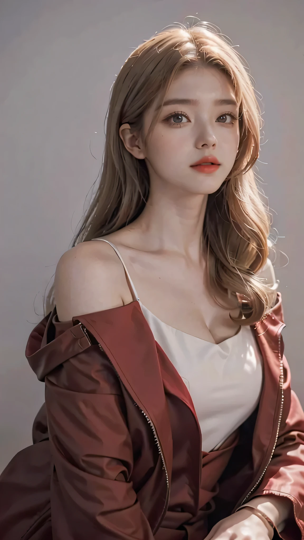 Girl wearing, luxury orange coat, shoulder length hair, wavy hair, glowing skin, star in eye, red lips, grey background, cute poses , upper body, light blonde hair.