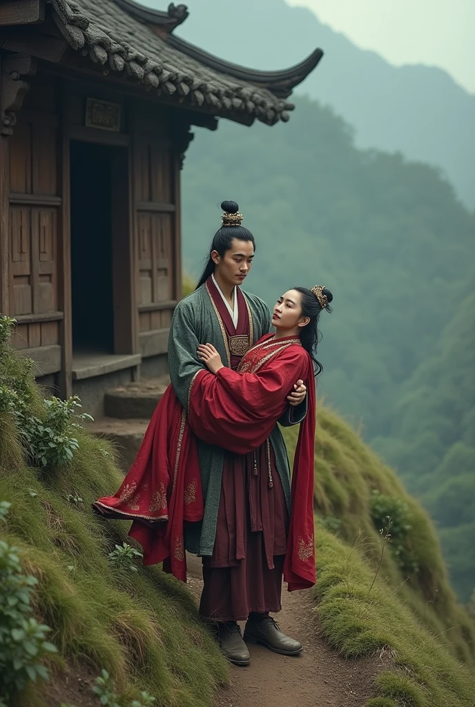In the full Tang Dynasty, a princess in full official regalia lies in the arms of a young man who is carrying her down a steep slope into an abandoned hut.