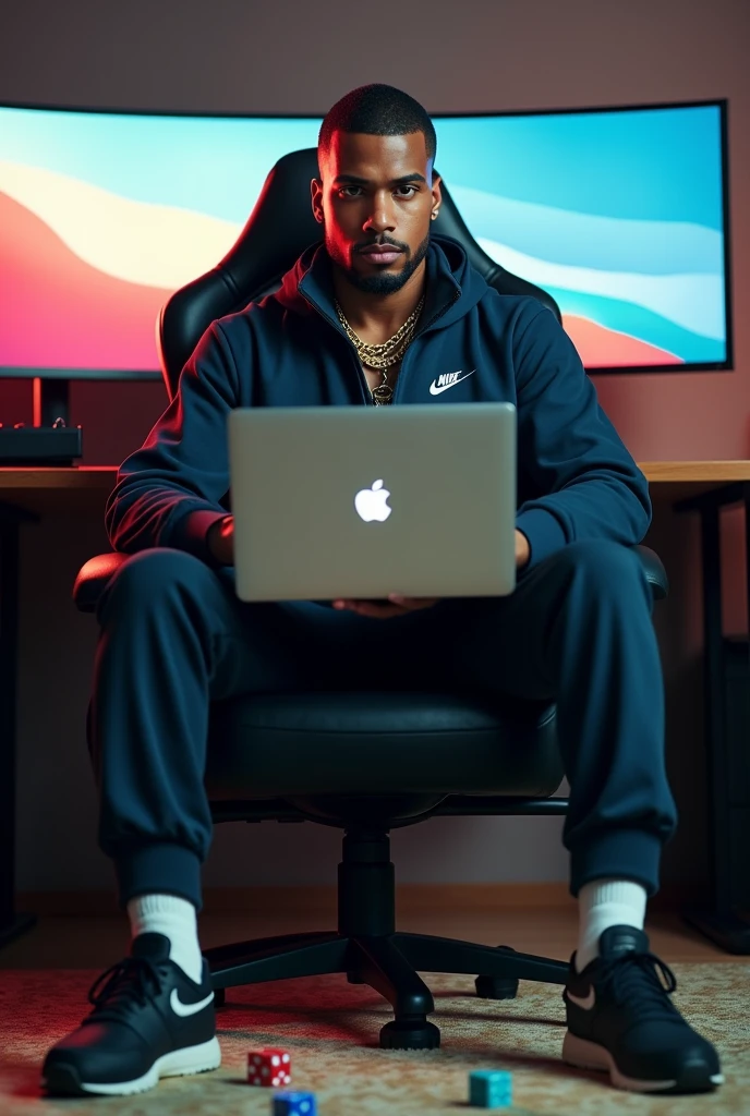 high resolution, ultra detaild), (cinematic), (ultra HD), seen from the front Alone, nike tracksuit light skin tone outfit set tracksuit gucci,gold chain on neck , goatee on the chin and beard,sitting gamer chair macbook on lap, in the background a curved screen monitor,, 2 dice on the floor, one blue and one red, a lot of money on the floor, de casino,