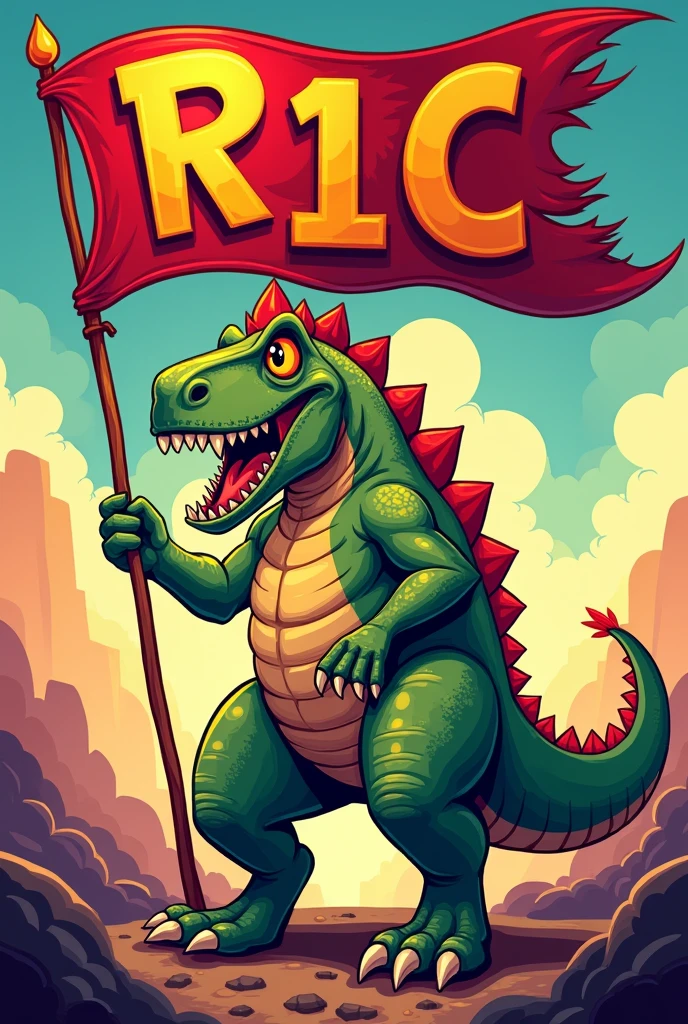 The rex cartoon with red flag that says R1C
