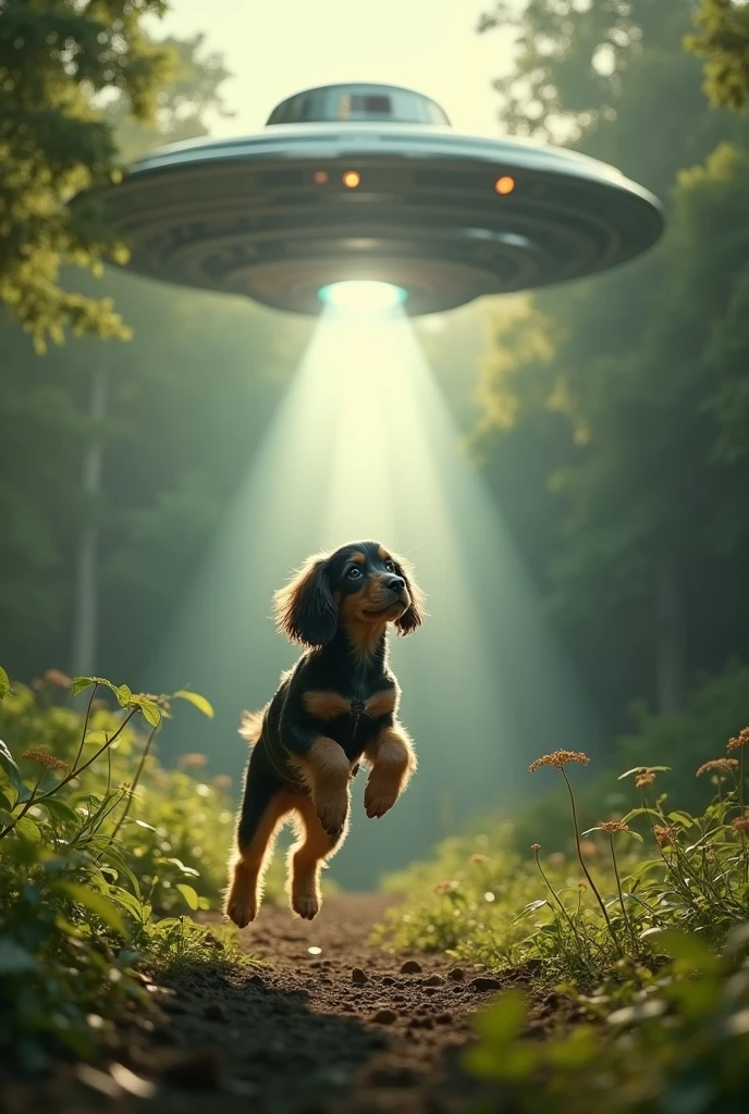 A two-year-old black and tan cocker spaniel that we see very small is floating in the air halfway between the ground in a clearing in a lush forest and a gigantic spaceship triangular in shape when viewed from the ground and the size of a football field that also floats many meters above it and that attracts the abducted dog towards the center of its reflective metal base, which rises through a powerful beam of light. Foto híper realista hecha en 8k