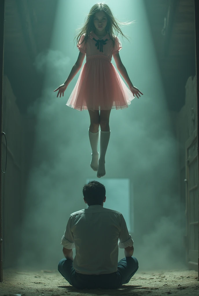 Scene of female student wearing white thigh high socks hanging herself to death , pink dress ,hovering in the air, female student standing on chair , a man sitting on the ground in panic