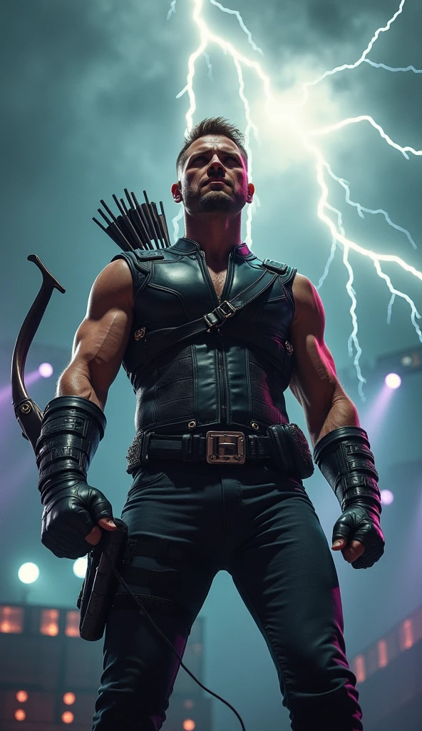 Rock Hawkeye marvel holding the microfon singing with a background of thunder and a very rock vibes.