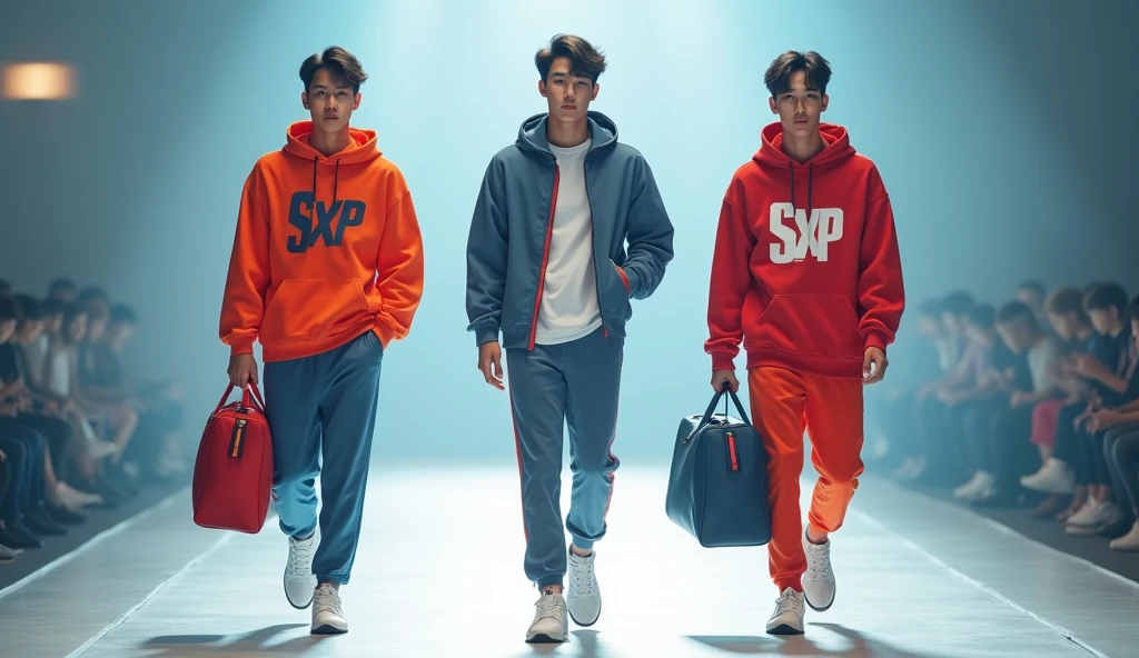 (photorealism:1.2), Three sportwear fashion handsome 18 yrs. old, k pop Asian male model, runway show full body holding sports bag pack, tank top casual wear style, SXR logo design, ultra-detailed, film photography, light leaks, trending on sportwear, sharp focus, studio photo, futuristic details, highly detailed