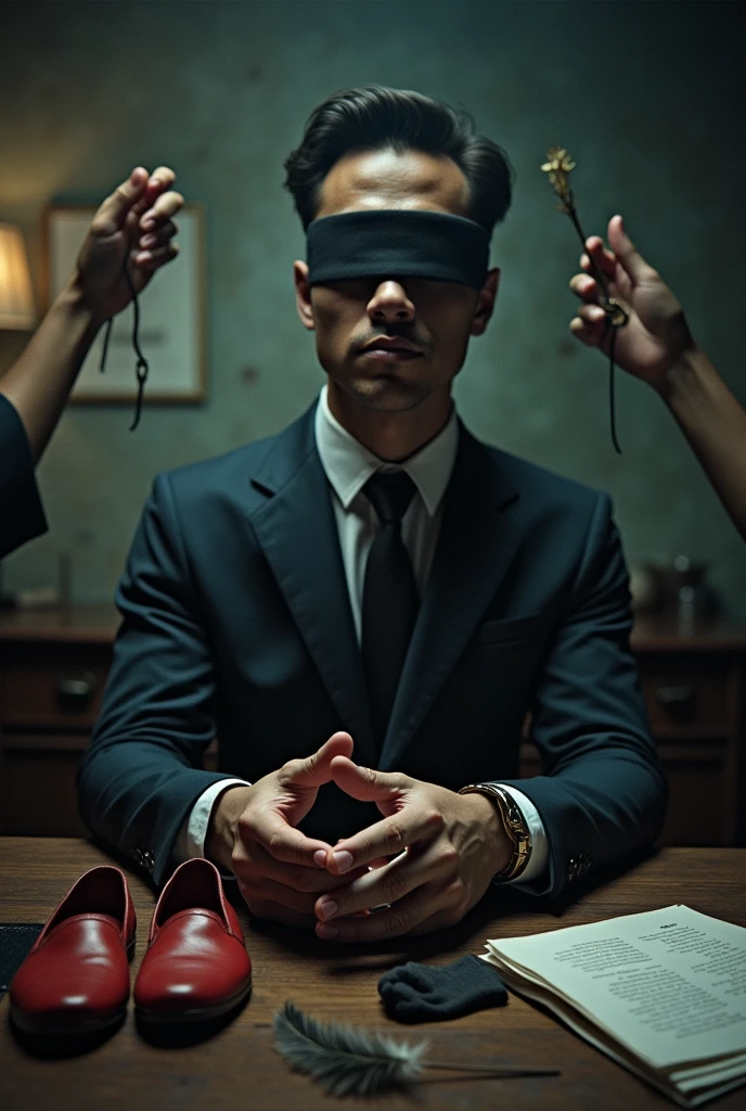 Malaysia handsome malay Zarul 22 years lawyer
He smirk
5 Toes Smelly feet
His hand handcuff in  abondon warehouse 
Blindfolded
handcuff
Formal Outfit 
Focus sweaty hot feet on desk
feather duster on desk
Dirty black long sock on desk
Aiman (26)  pinch nose
Amir (24) holding red shoes


