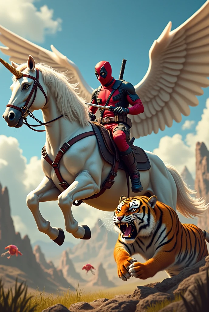 Deadpool riding a winged unicorn fighting a Bengal tiger holding a hamster as a weapon