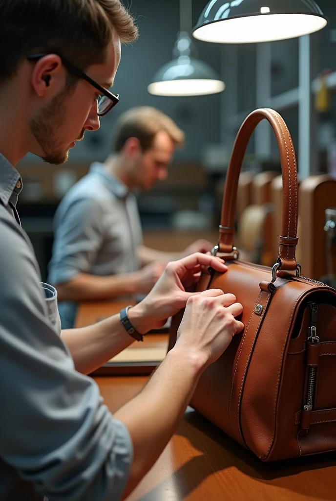 final quality inspection of leather bag in company 