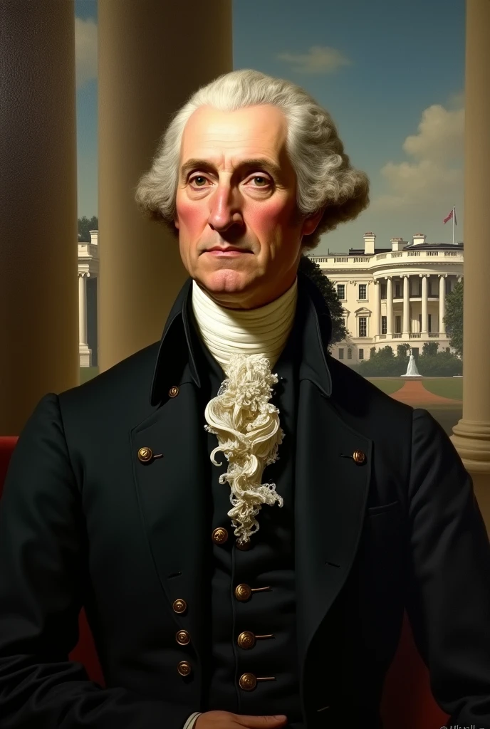 First President Portrait: A classic, dignified portrait of George Washington as the first President of the United States, with the White House in the background