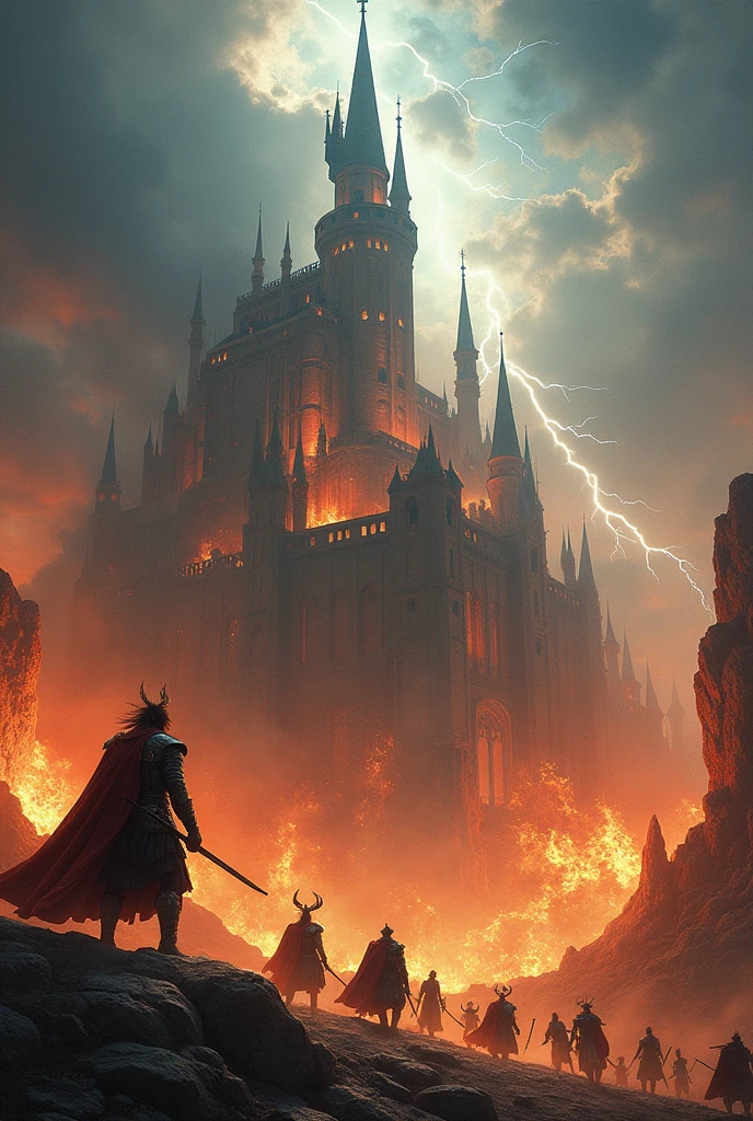 Asgard Castle in Flames, natta, lightning, giant mjolnir hammer in the clouds, Valkyrie warriors in the sky, viking warriors on the ground 