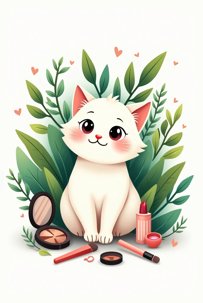 A logo with a cat, a plant and makeup stuff.
The cat is furry and white, the plants are just green.