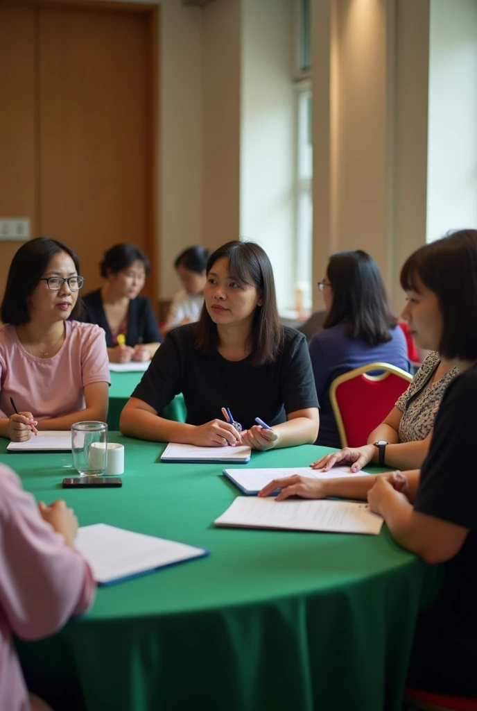 7 Filipino retired women and 1 man educators in a round, green table attending a conference where 3 women wearing black coat, the two of them wearing  pink dress, the man is wearing black t-shirt holding phone, one of the women working on her laptop