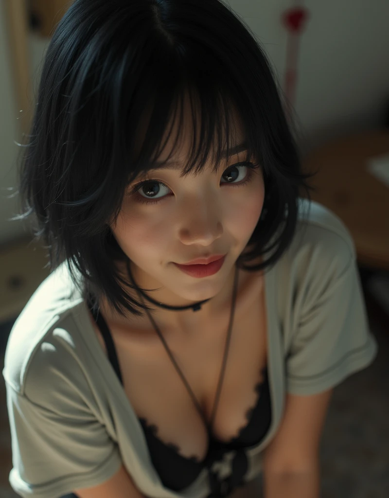 (Highest quality, 8k, 32K, masterpiece, Ultra-high resolution:1.2), Beautiful Japanese Women Photos, Black short hair, Beautiful Face, (Leaning forward:1.3), (close:1.4), indoors, Look at other people, wicked grin, Loose fitting T-shirt, cleavage, Blurred Background