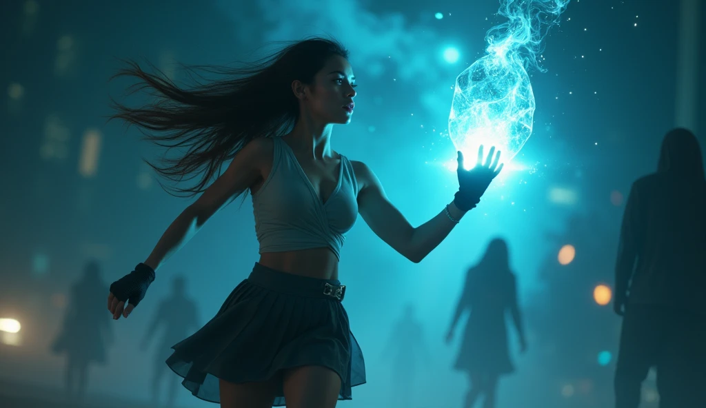 A young modern woman with a glowing floating small crystal stone, mysterial spell, facing and defeating dark forces and beings. She stands with her right hand raised forward with a blue fire of light, floating ghost-like evil spirit chasing behind, at night, (1girl, solo, alone), photorealistic, large-breast slim:0.6 body, oval:0.5 face, cleavage:1.1, very low angle view of pleated miniskirt, deep-v, (upskirt), glove, (Matrix style black micro sunglasses), dynamic running pose, (half-body thigh level close-up shot), cinematic lighting, ray tracing, motion blur background.