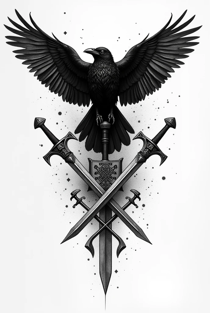 Create a black and white pointillism tattoo of a Viking metaphor with a raven flying over swords and runes