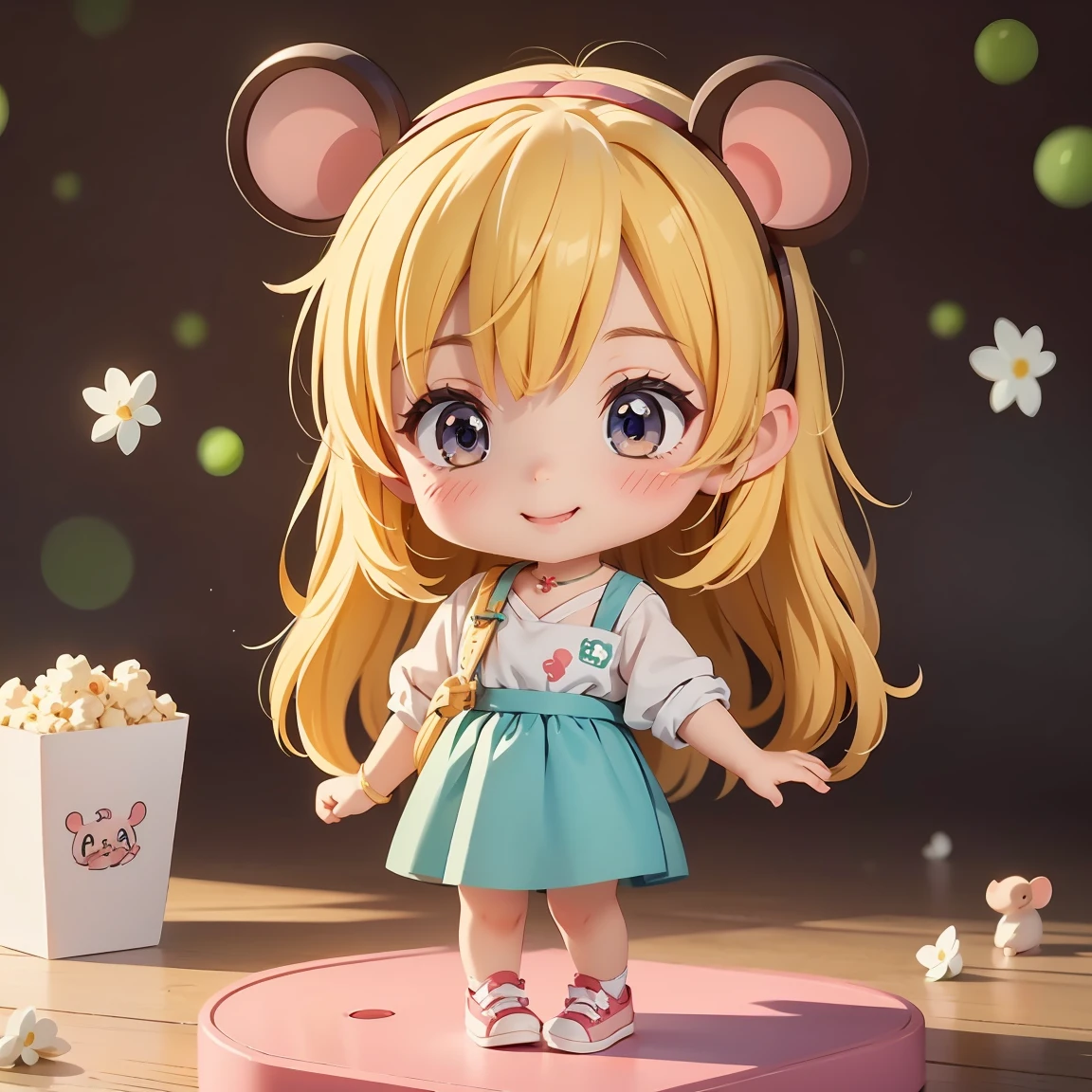 Super Chibi Character:1.8、Blonde Hair、Cute girl、Cute Costumes、Super Chibi Character:1.8、Super Smile、Wearing a mouse ear headband、Have popcorn、wear cute shoes