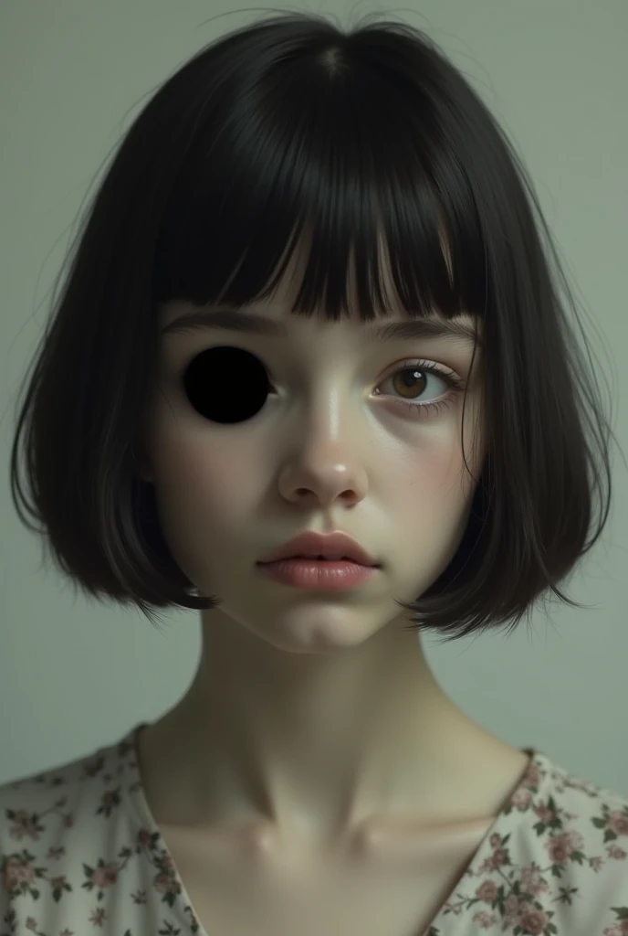 Chanel-haired teen spirit, brown, with a black hole in the face in the left jaw region