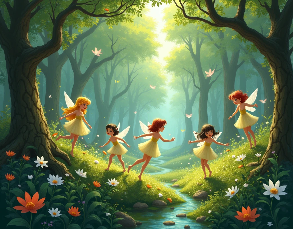 Magical forest with lots of cute little fairies flying around, had blonde fairies, redheads, brunettes, all very happy