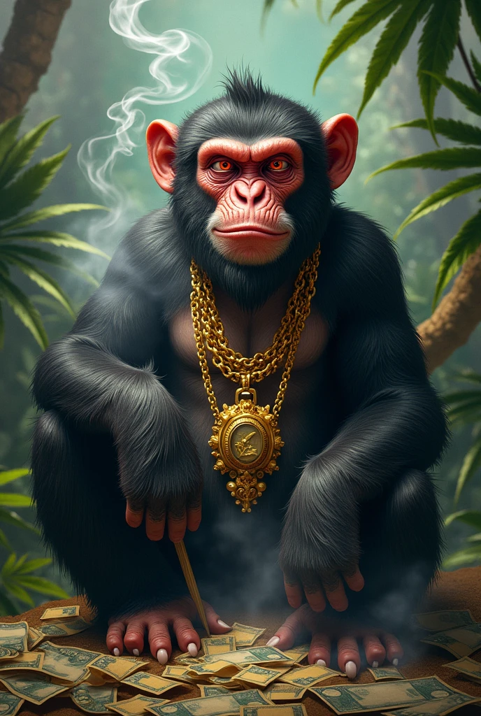 Create me an image of a monkey smoking marijuana with lots of bills and palms and gold chains and red squinting eyes and who is called macaco