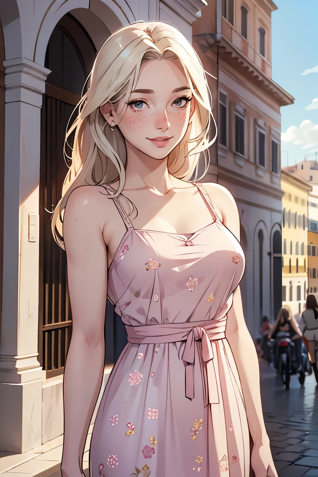 Woman, americana, age 25, pale skin and freckles, gray eyes, delicate nose, soft and delicate lips, far away, cabelo blondie far away e ondulado na altura da cintura, sweet smile, face with delicate feminine facial features, highly rendered, floral pink dress, in Rome