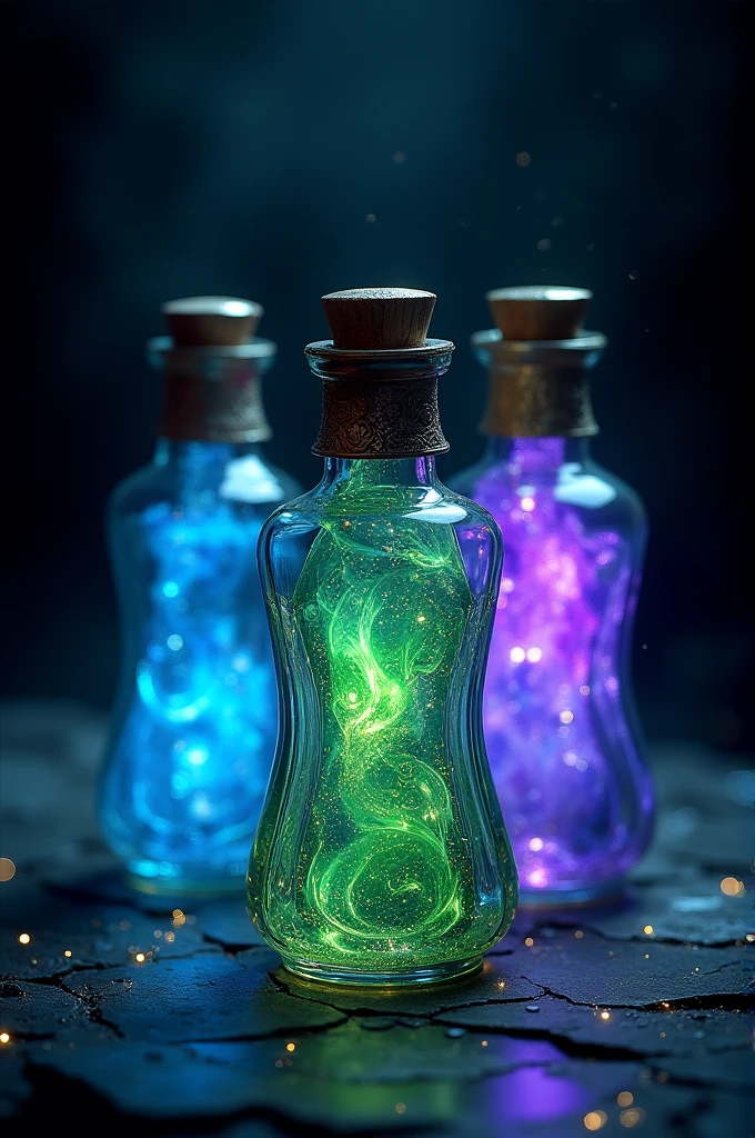 create 3 vials with blue, green and purple essence and a black background