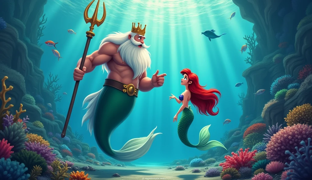 King Triton swimming and talking with his daughter Ariel