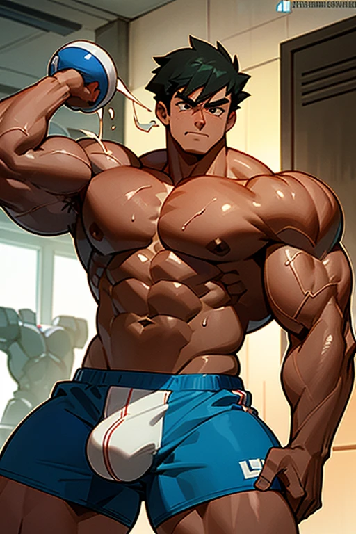 Ash Ketchum from Pokémon anime as a big dumb age muscular bodybuilder jock in a locker room flexing and staring blankly with mouth gaping open as his eyes glow under hypnosis as he repeats, "Bigger... Dumber.... Must obey.... More like a jock bro every day.... Yes, Coach. I obey. Huhuhuhuh.... Sweaty brutes must obey.... Sweaty brutes do what you say.... Big ... sweaty ... musky jock bro.... The muscles must grow. The old smarts must go.... Recruit the nerds and watch them grow. Make them like us, ... more big dumb jock bros. Huhuhuh.... We will grow. We will spread. We will make more dumb jocks.... We will grow... We will spread... We will make more dumb jocks.... We will grow. We will spread. We will make more dumb jocks.... Assimilate.... Grow.... Transform.... Become.... Convert.... Be a dumb jock.... All must be jocks. All must obey. Forget, ... conform, ... dumb down, ... and obey.... Just ... like ... me.... " in deep mindless emotionless voice with fellow hypnotized jocks to forget about catching and training Pokémon and focus instead on training his body and obeying his coach. Mouth dropped open. Hyper swollen bulging crotch. Hyper muscles. Toned muscles. 5% body fat. Steam rising from armpits and shoulders. Big biceps. Big triceps. Broad shoulders. Big traps. Big lats. Big meaty pecs. Massive deltoids. Six-pack abs. Spherical glutes. Brainwashing. Hypnosis. Hypnotized. Bro. IQ drain. Dumber and dumber. Meathead. Musclehead. Mindless. Hypno. Mind control. Brain drain. Entranced. Brute. Brutification. Brain drain. brainwashed. brainwash. Meathead jock bro assimilation. Mindless. Brainless. Empty stare. Hairy pecs. Hairy armpits. Treasure trail.