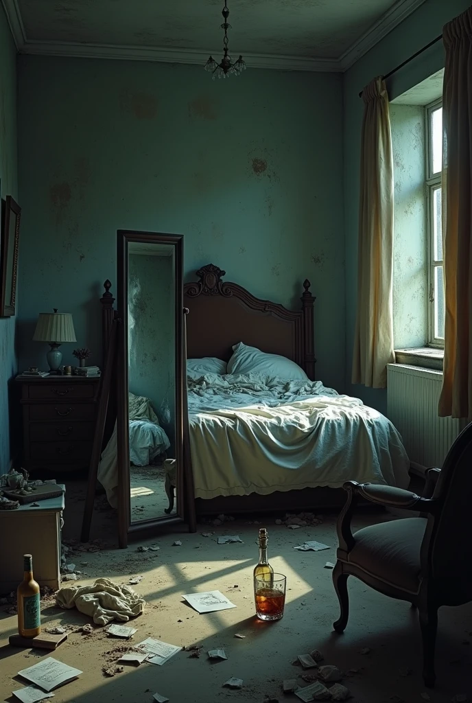 Make a dirty room background with a mirror facing the bed