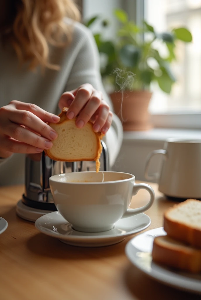 A simple breakfast on a table, with a cup of coffee and a plate of bread.
angle: Close-up da mesa.
Action: A pair of hands puts a slice of bread into the toaster.
