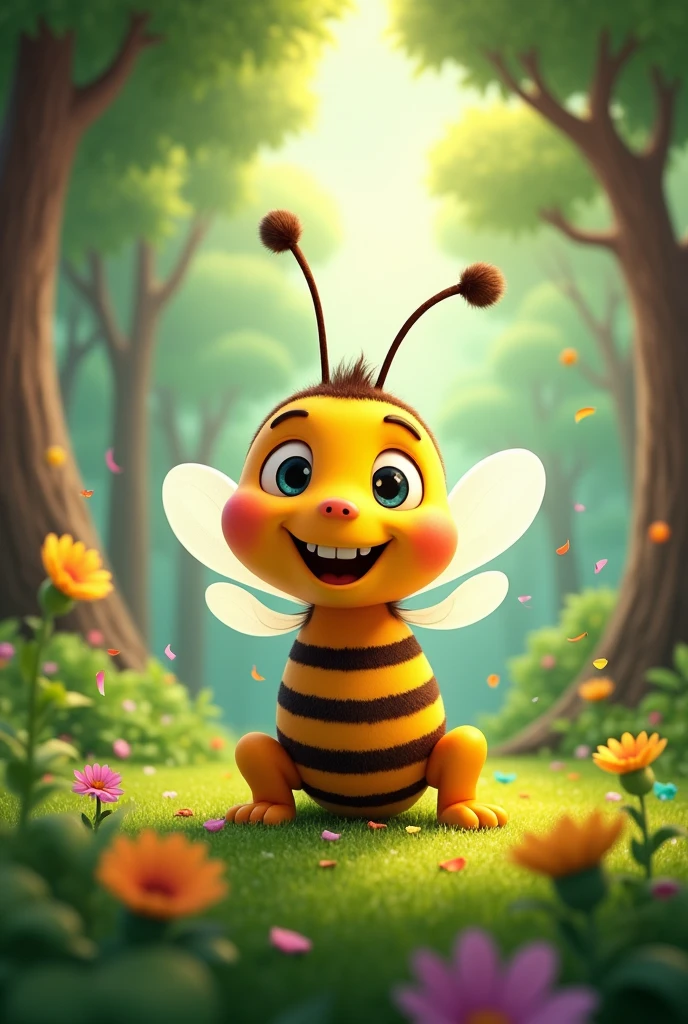 An image for a birthday post, with a bee theme from Plim Plim, forest landscape,
that birthday number 1 be specified, what say "HAPPY BIRTHDAY JOELYS KAELANNY"