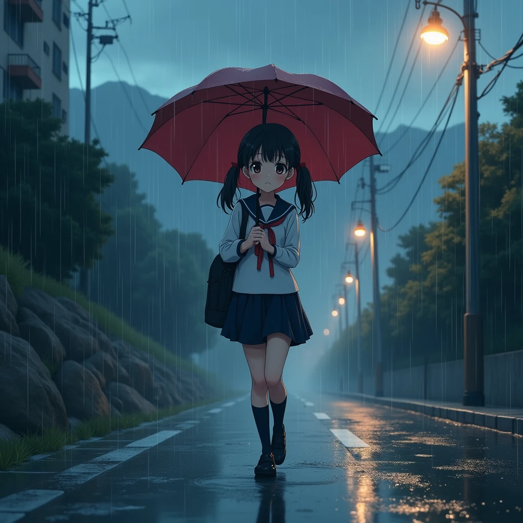 Anime Style, A girl walking down a hill, Walking along the side of the road, Holding an umbrella, Confused expression, Very heavy rain, The girl is partly wet from the rain,
water droplets on the umbrella, Water splashing on the umbrella, flowing water on the umbrella.
Uphill, Steep Slope, Slope 45 degrees, steep hill, very sloped road, very sloping ground.
The girl is wearing a white sailor suit with short sleeves and a navy collar, with a blue ribbon., Wearing a navy blue skirt,
Wearing black high socks, Wearing loafers.
Her hair style is low twin tails, with red ribbons, very long length and black.
Not high twin tails.
Not two-side up.
Black School Bag,
Late s, Small breasts, Has dark brown eyes.
Open red umbrella,
splashing water, raindrops,
puddle, Sidewalk, pavement, Japan roads, Hilly Town, building, Apartment, Electric pole, electric wire, Street lamp, Mountain, Mountainの裾野, sky,
Thick Fog, Outdoor, evening, from front.