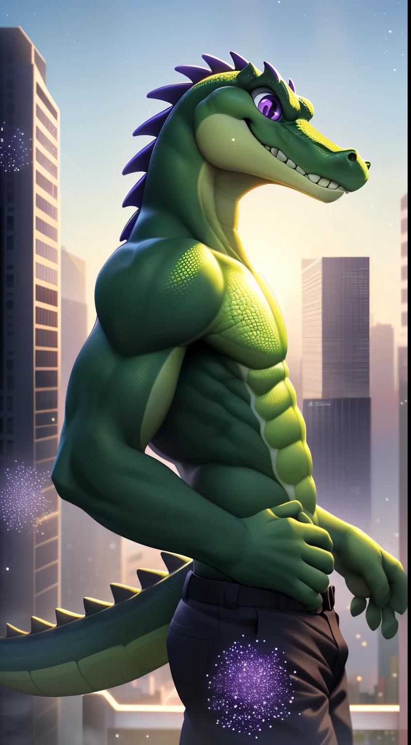depth of fields, lighting perfect, light particles, (best quality), (masterpiece), (ultra - detailed, Sharp focus, light particles, inij, green crocodile male, opposite ages, temperament, eyes, purple eyes, Crossed waist with one hand, rays of sunshine, City, Mysterious smile, view from behind