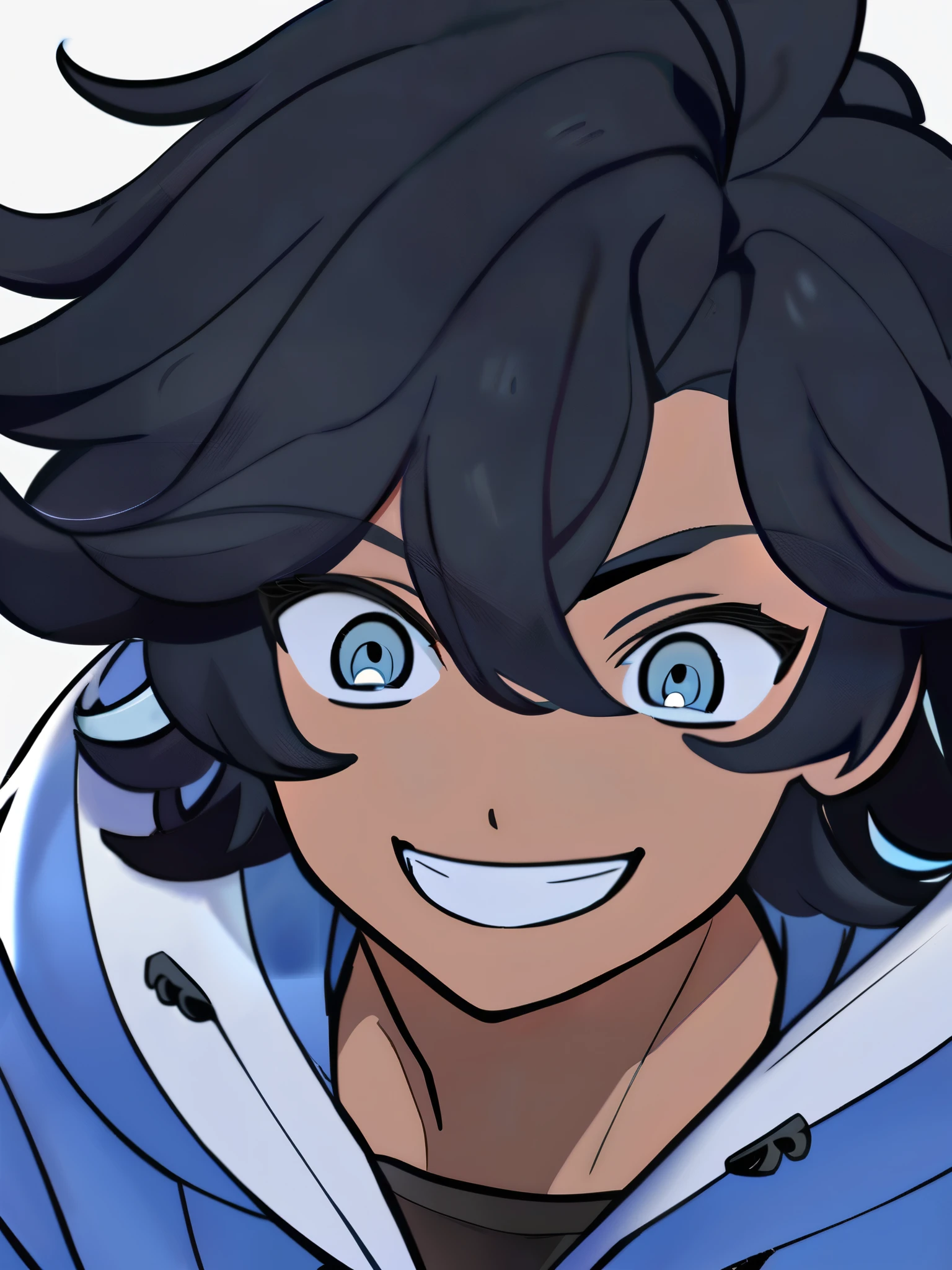 solo boy, Bblack hair, blue colored eyes, wearing blue clothes, genshin impact captura de tela, Grinning, curly hair