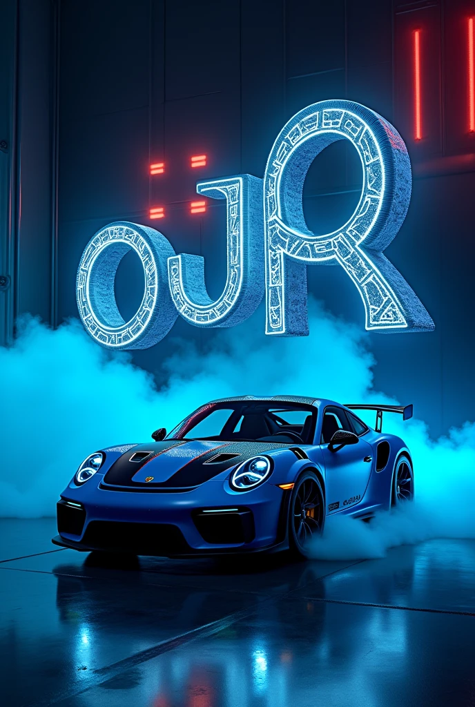 A luxury car, a blue and black Porsche.
That the title is Auto Sport JR That the title is made of fire and decorated like something mechanical that has blue and black smoke coming out in the background.
that all this is in a room with lights from below add the jr and the o's of the title make textures of tires the o's of the title make them look like tires so the title is more attractive and 3d so everything looks more real
