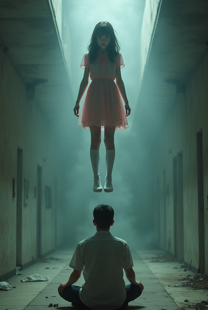 girl scene in white thigh high socks ,hanged , pink dress,hovering in the air , a man sitting on the ground in panic