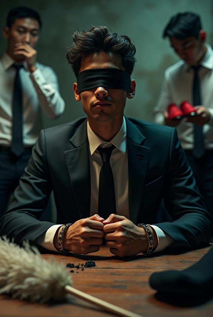 Malaysia handsome malay Zarul 22 years lawyer
He smirk
5 Toes Smelly feet
His hand handcuff in abondon warehouse
Blindfolded
handcuff
Formal Outfit
Focus sweaty hot feet on desk
feather duster on desk
Dirty black long sock on desk
Aiman (26) pinch nose
Amir (24) holding red shoes
