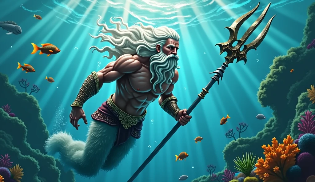 King Triton swimming and with a thoughtful expression