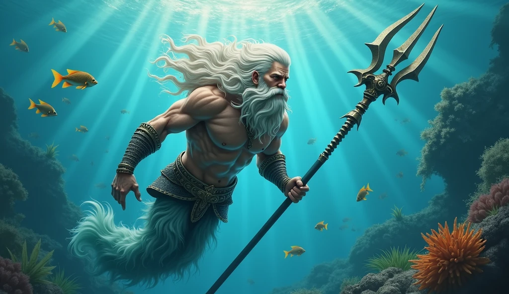 King Triton swimming and with a thoughtful expression