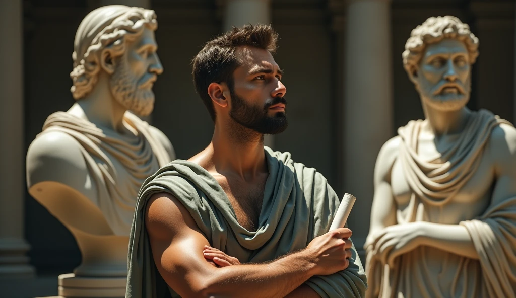Suggested image: The Philosopher in Contemplation of Stoic Wisdom

Descrição:
The Stoic philosopher, approximately 2, an attractive appearance, lightly tanned skin and a short, well-groomed beard, is in a contemplative pose in a symbolic environment that refers to balance and wisdom. He wears a tunic in soft earth tones—gray and olive green—with subtle gold or copper accents., that drapes gently over the body, exposing one shoulder. He is surrounded by three statues or busts representing Epictetus., Marcus Aurelius and Seneca, each with an expression that symbolizes its main teaching: controle e acceptance, tolerance, and moderation, respectively.

The scenery is serene and balanced, with soft lighting that accentuates the details of the statues and the philosopher&#39;s pensive expression. He holds a scroll or an ancient book, reflecting on the teachings of the Stoics, with an expression of quiet wisdom, emphasizing the idea of applying these principles to balance forgiveness with self-respect.

Mensagem:
This image represents the practical application of Stoic teachings to balance forgiveness with self-respect., highlighting the importance of control, acceptance, tolerance and moderation na vida diária.
