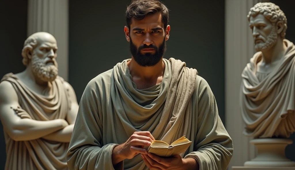 Suggested image: The Philosopher in Contemplation of Stoic Wisdom
Descrição:
The Stoic philosopher, approximately 2, an attractive appearance, lightly tanned skin and a short, well-groomed beard, is in a contemplative pose in a symbolic environment that refers to balance and wisdom. He wears a tunic in soft earth tones—gray and olive green—with subtle gold or copper accents., that drapes gently over the body, exposing one shoulder. He is surrounded by three statues or busts representing Epictetus., Marcus Aurelius and Seneca, each with an expression that symbolizes its main teaching: controle e acceptance, tolerance, and moderation, respectively.
The scenery is serene and balanced, with soft lighting that accentuates the details of the statues and the philosopher's pensive expression. He holds a scroll or an ancient book, reflecting on the teachings of the Stoics, with an expression of quiet wisdom, emphasizing the idea of applying these principles to balance forgiveness with self-respect.
Mensagem:
This image represents the practical application of Stoic teachings to balance forgiveness with self-respect., highlighting the importance of control, acceptance, tolerance and moderation na vida diária.