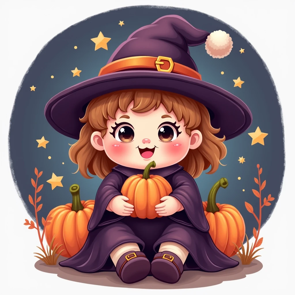 "Member badge. Theme: Cute Halloween, featuring an adorable witch with a rounded face, big eyes, and a pointed hat, holding a small pumpkin, surrounded by sparkling stars. Her style resembles a Cabbage Patch doll. Leave a blank space for the name or insignia."