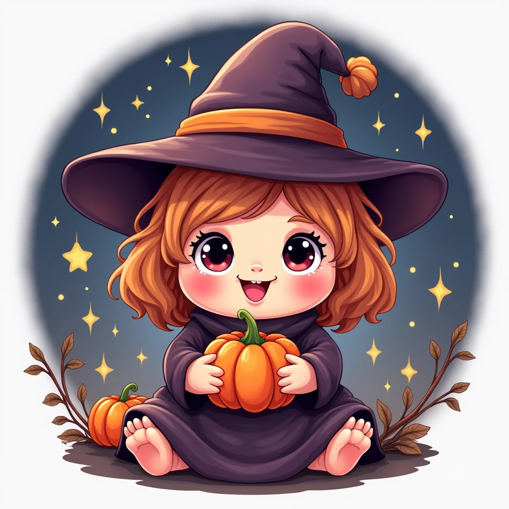 "Member badge. Theme: Cute Halloween, featuring an adorable witch with a rounded face, big eyes, and a pointed hat, holding a small pumpkin, surrounded by sparkling stars. Her style resembles a Cabbage Patch doll. Leave a blank space for the name or insignia."