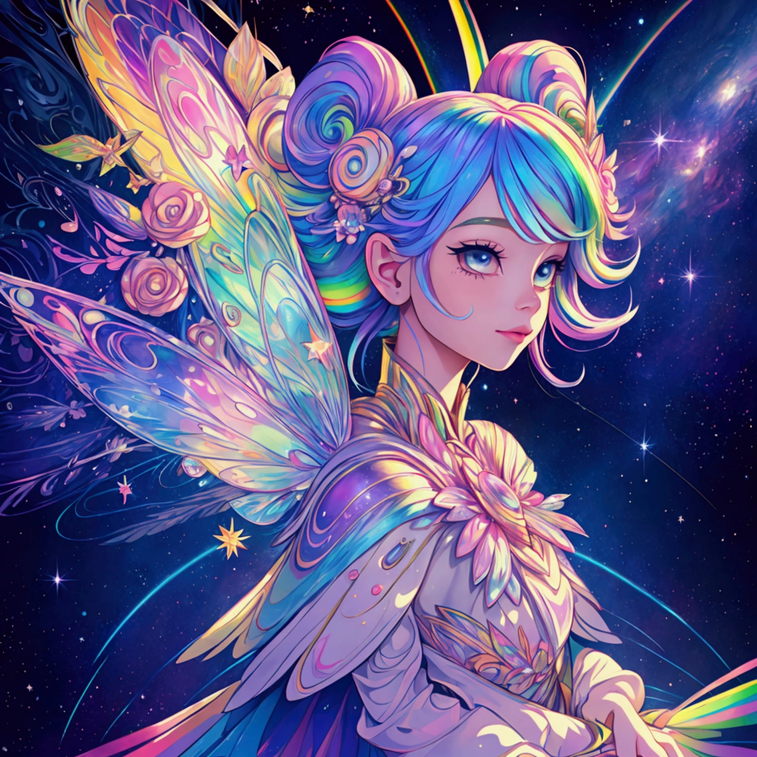 a pretty fairy with rainbow hair in a galactic rainbow universe with starry lined trails